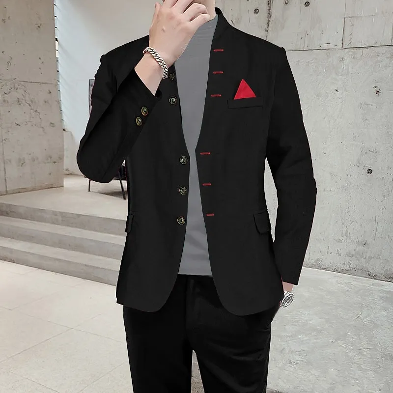 Men's Party Stand Collar Button Design Chest Pocket Blazer