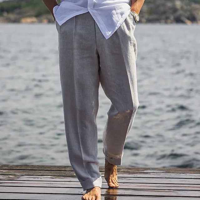 Men's Linen Pants Trousers Summer Pants Beach Pants Pocket Plain Comfort Breathable Outdoor Daily Going out Linen / Cotton Blend Fashion Streetwear Black White