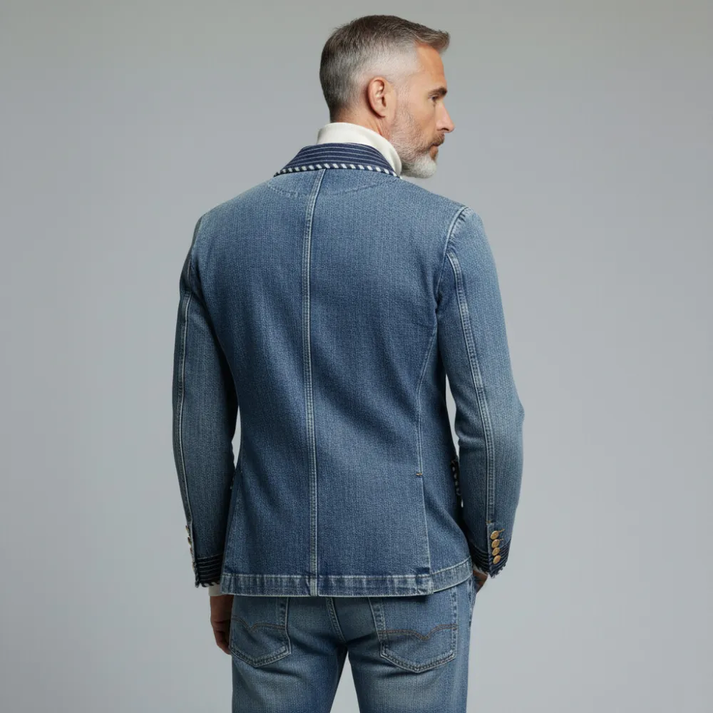 Men's Blue Striped Patchwork Peak Lapel Double Breasted Long Sleeve Denim Blazer