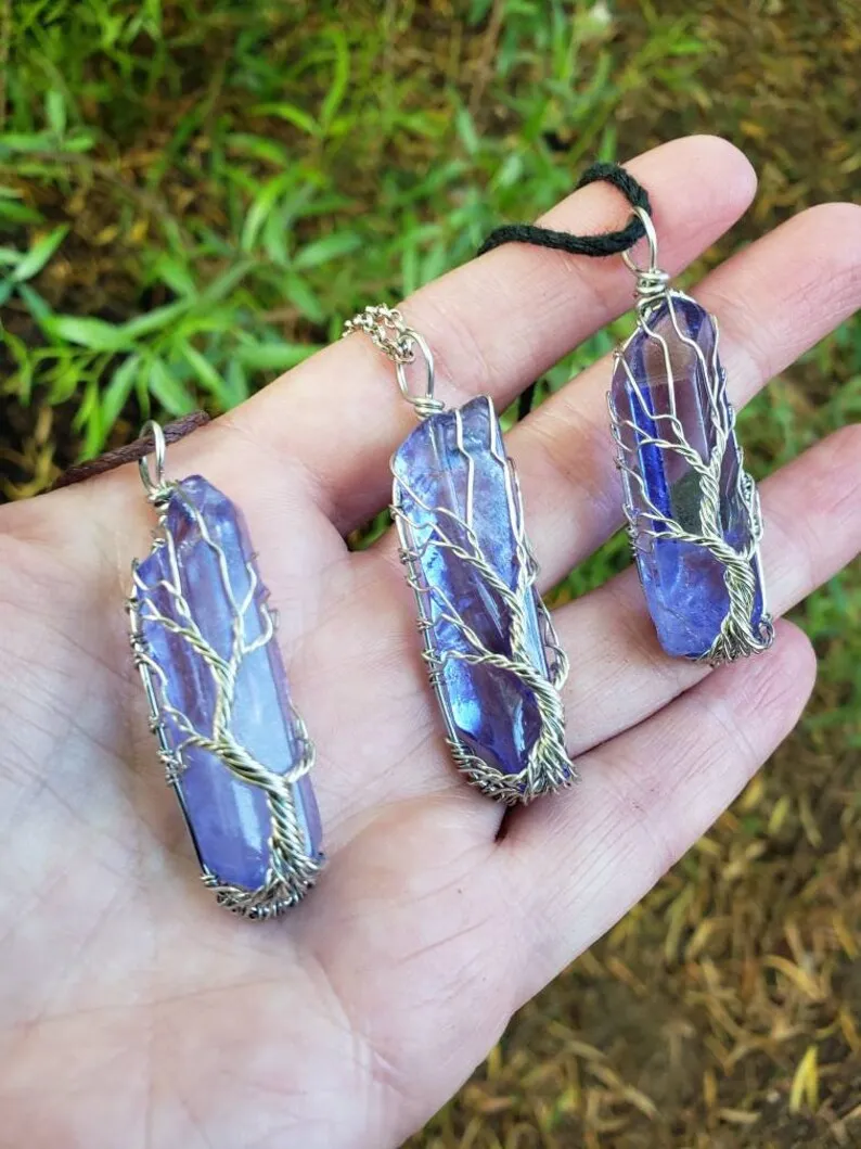 Titanium Wire Wrapped Blue Aura Quartz Crystal Tree of Life Pendant Necklace - Grounding Necklace - Self Confidence - Relaxation Crystal