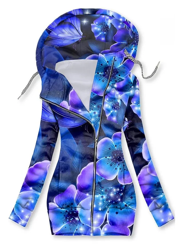 Women's Zip Hoodie Sweatshirt Sports Basic Drawstring Zip Up Front Pocket Black White Blue Floral Cat Street Casual Hoodie Long Sleeve Top Micro-elastic Fall & Winter