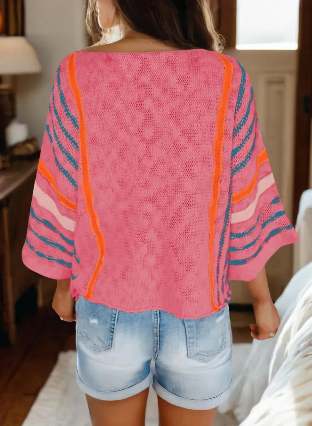 ✨Hot Sale-Women's Casual Color Block Striped Cable Knit Boho Sweater