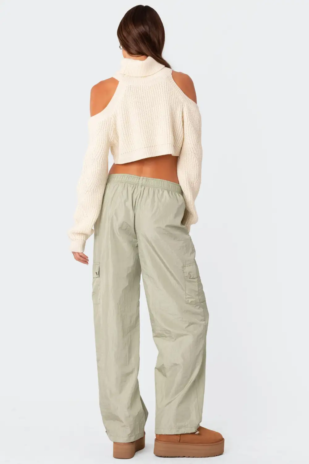 Asymmetric Cropped Open Shoulder Turtle Neck Sweater