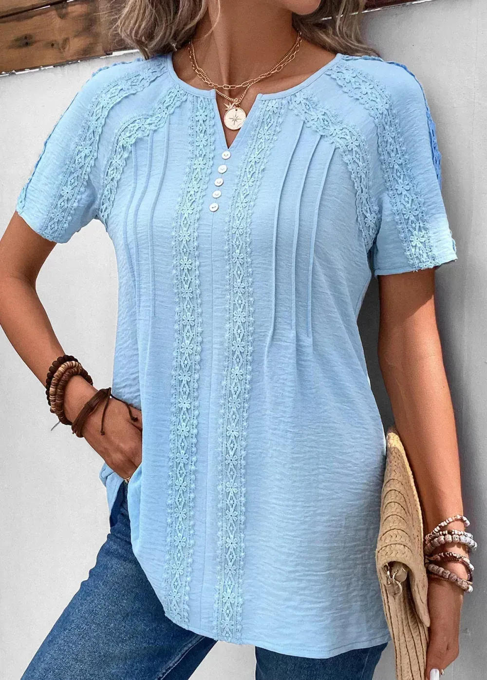 Light Blue Patchwork Short Sleeve Split Neck Blouse