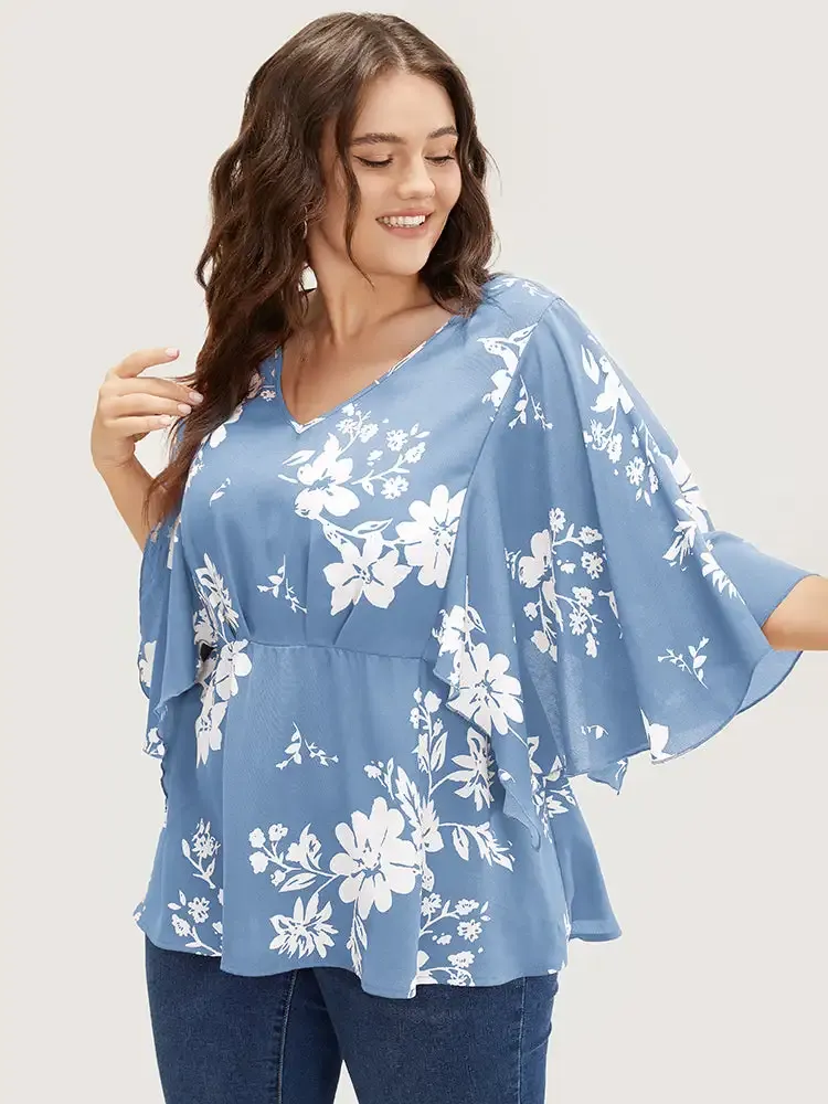 Floral Printed Plicated Detail Flutter Sleeve Blouse