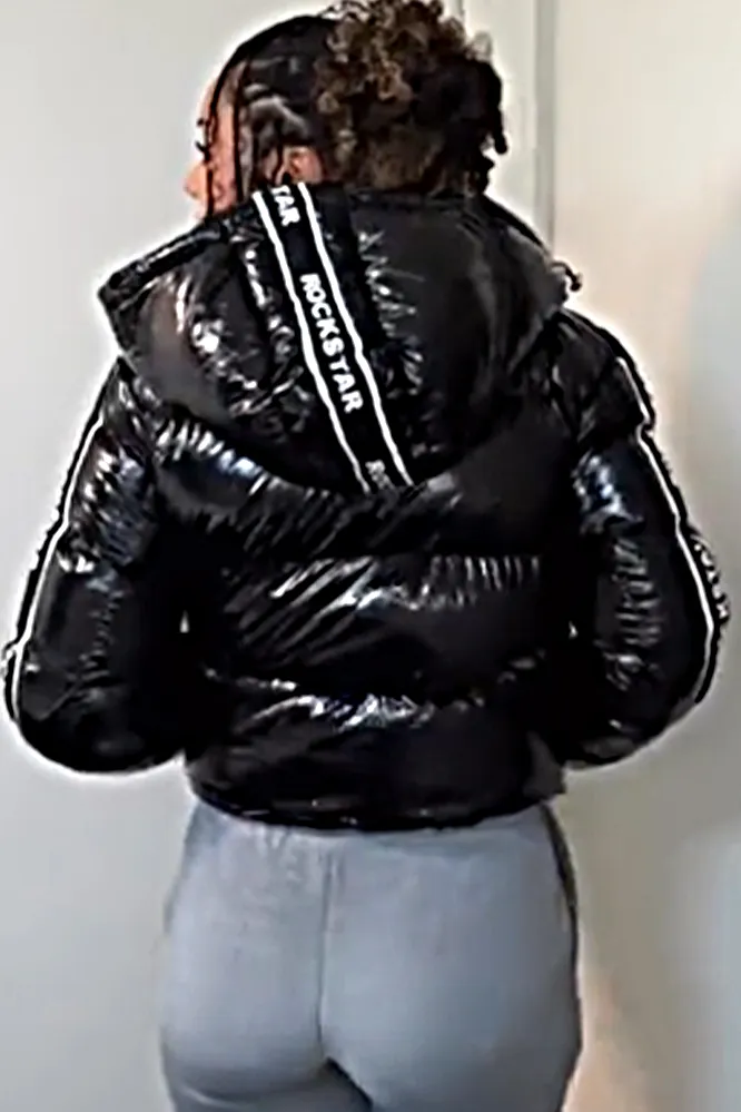 Women's patent leather glossy hooded down jacket