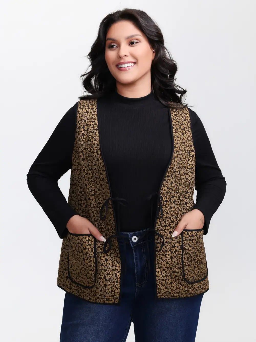 Floral Print Three Ties Quilted Vest