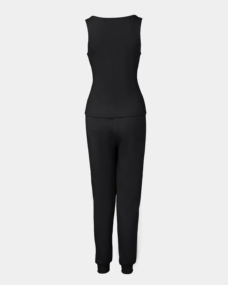3 Piece Outfits Matching Sets Striped Tape Patch Tank Tops Button Front Jacket Cuffed Pants with Pockets Tracksuit