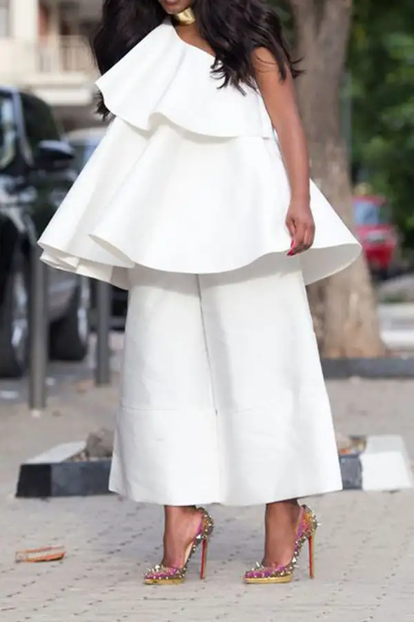 White Whimsical Tiered Ruffle Pant Set