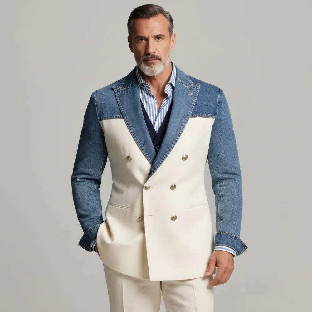 Men's Blue And White Denim Patchwork Peak Lapel Double Breasted Long Sleeve Blazer