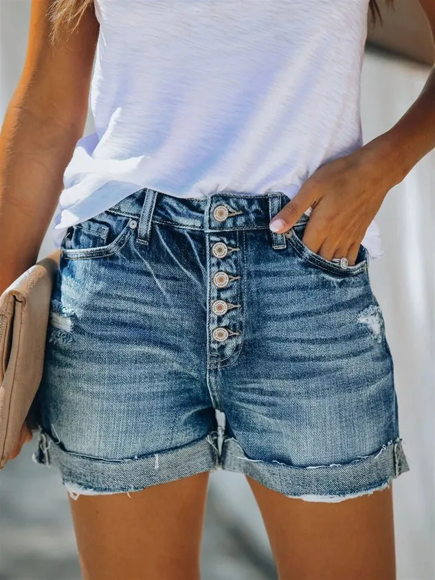 Casual Plain Fit Buttoned Denim Denim shorts