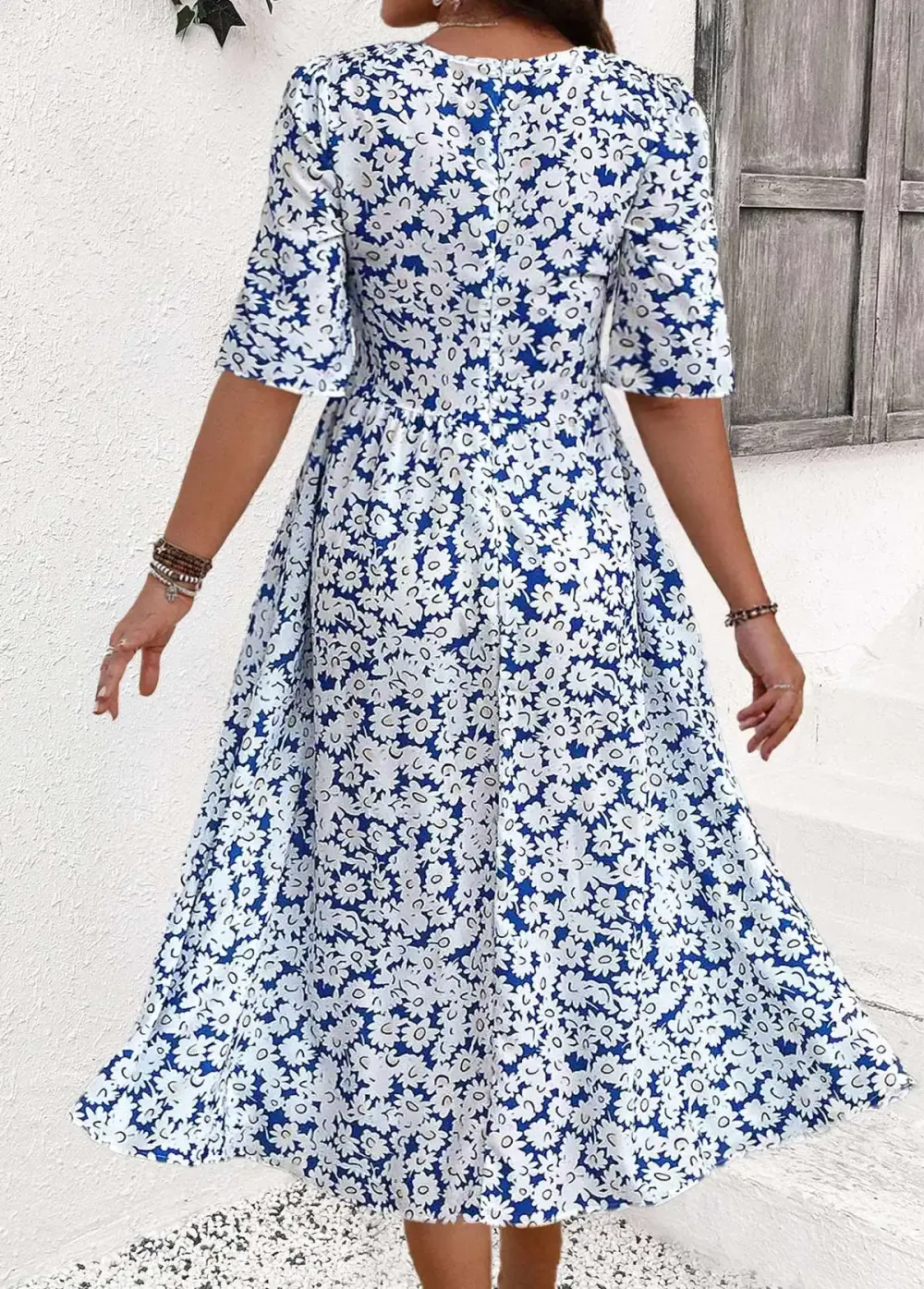 Blue Smocked Ditsy Floral Print Half Sleeve Dress