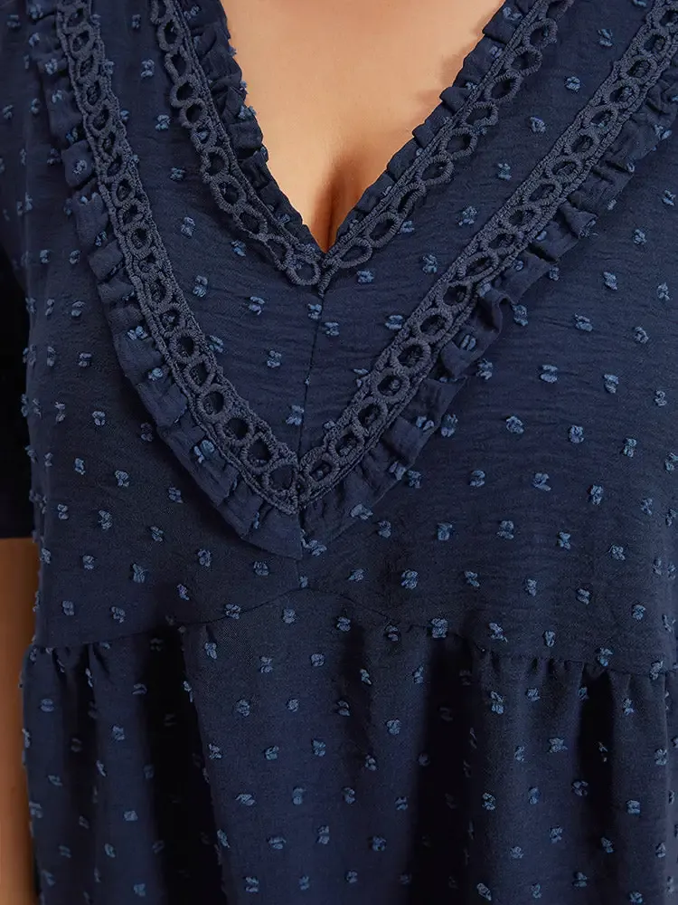 Polka Dot Frill Trim V Neck Flutter Blouse