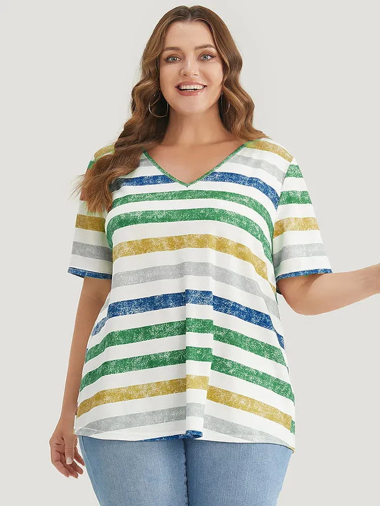 Striped Contrast V Neck T-shirt
