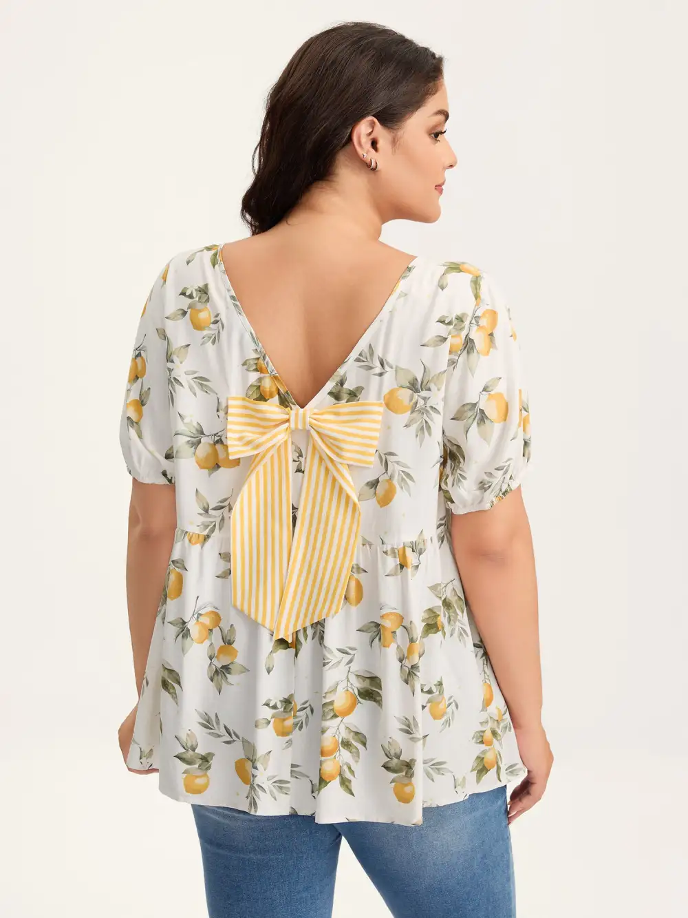 Citrus Print Bow Backless Blouse