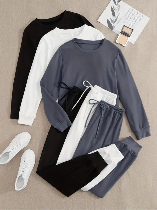 Women's lounge/pajama set: solid long-sleeve round-neck tee + tie-front elastic-waist pants, casual and comfy