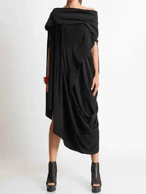 Loose Asymmetric Solid Color Midi Dresses