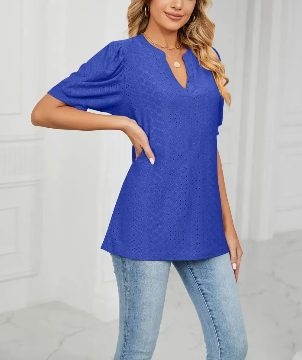 ✨Women's Loose Solid Color Hollow Bubble Short Sleeve Top