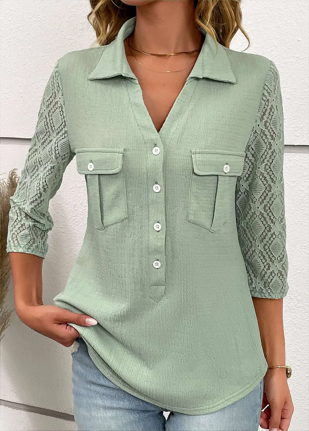 Sage Green Patchwork Three Quarter Length Sleeve Blouse
