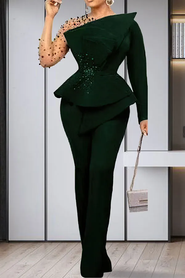 Patchwork Beaded Decor Glamorous Peplum Pant Suit