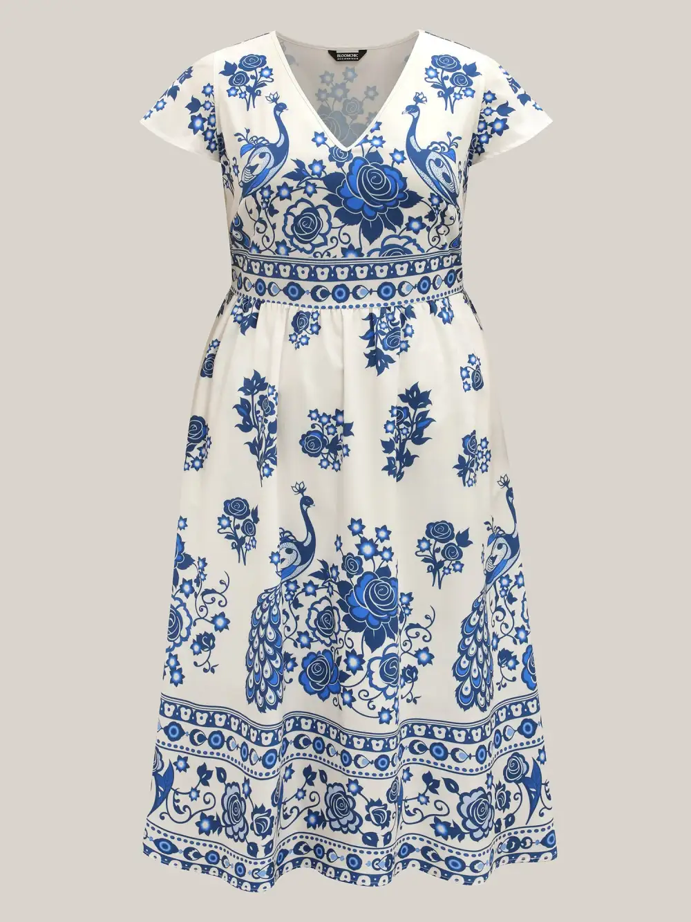 Boho Print V-Neck Pockets Midi Dress