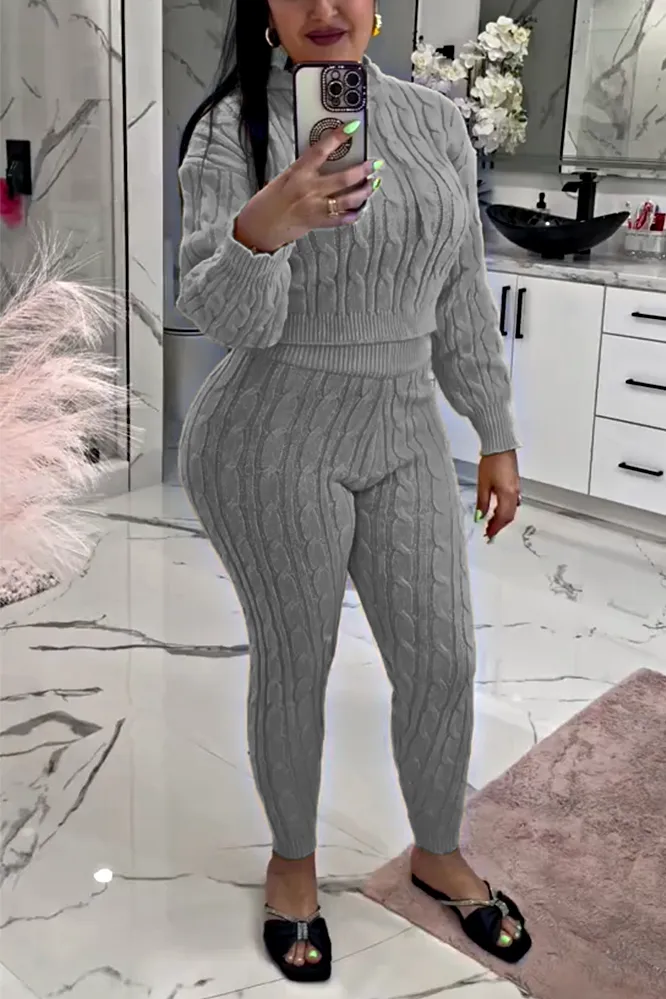Women's Solid Knitted Texture Top and Pants Two Piece Set