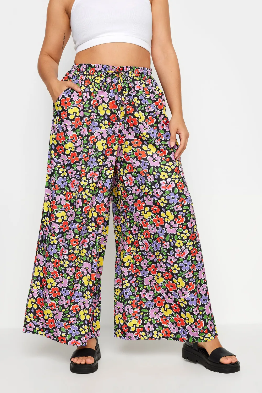 YOURS Curve Blue Abstract Print Drawstring Wide Leg Trousers