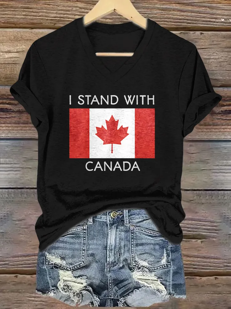 Women's I Stand With Canada Short Sleeves V-Neck Pure Cotton T-Shirt