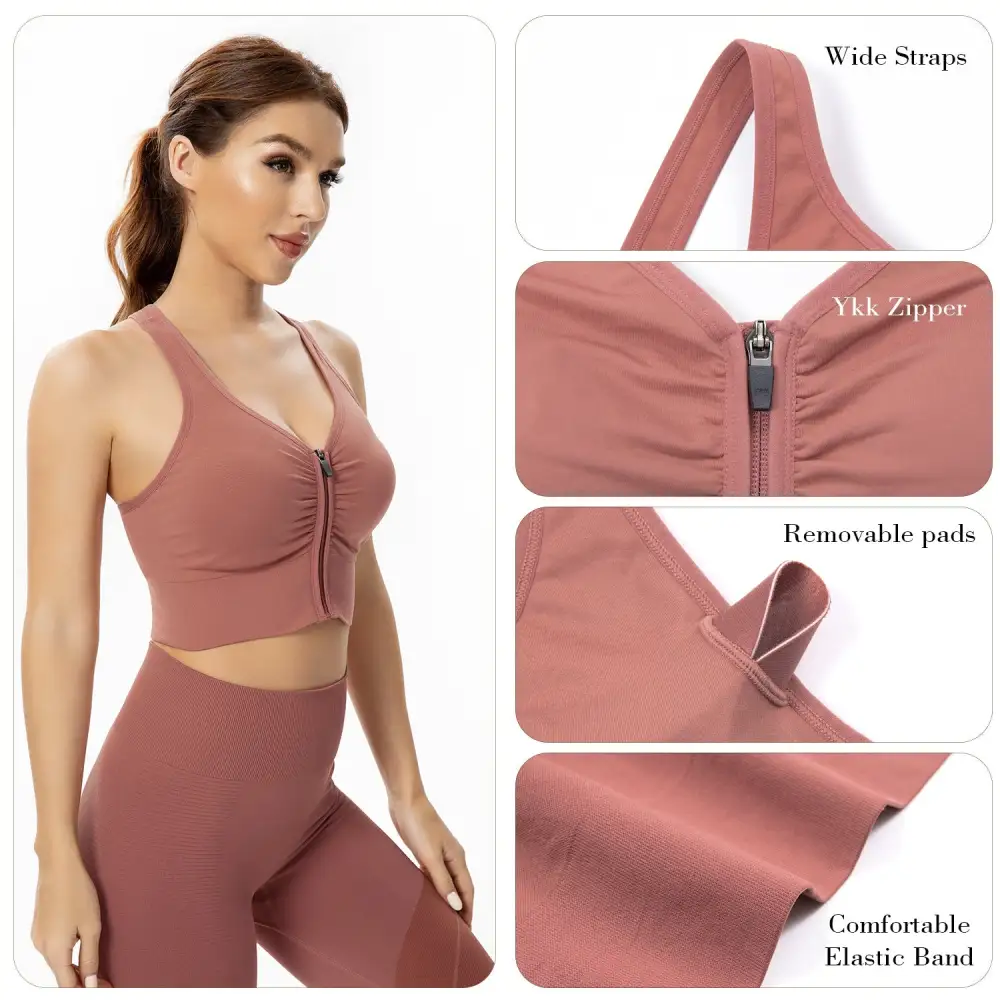 Women's Zip Front Sports Bra Padded Low Impact Wirefree Yoga Bras X Back Comfortabe Bra Workout Tank Tops