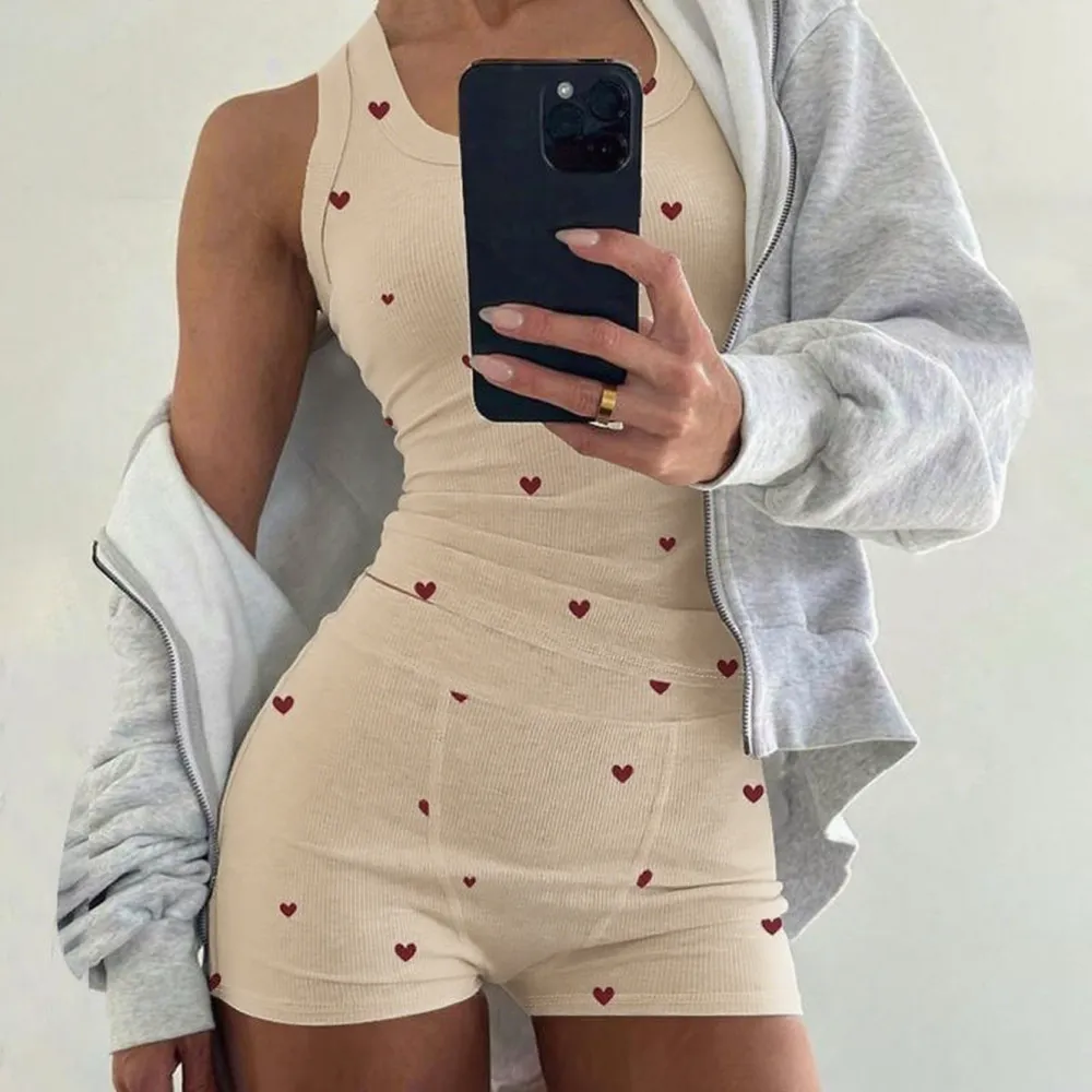 Women’s Heart Print Pajama Set – Sleeveless Tank & Stretch Waist Shorts