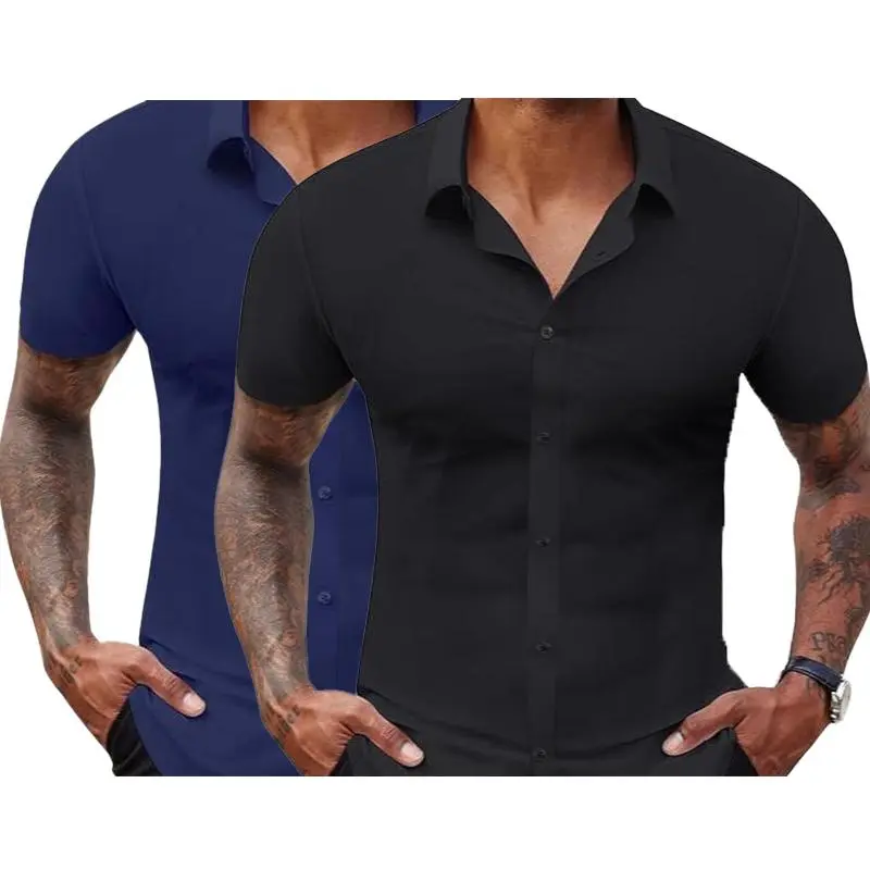 Stretch Dress Shirts for Men Short Sleeve Slim Fit Casual Button Down Shirts Muscle Fit Men's Dress Shirts