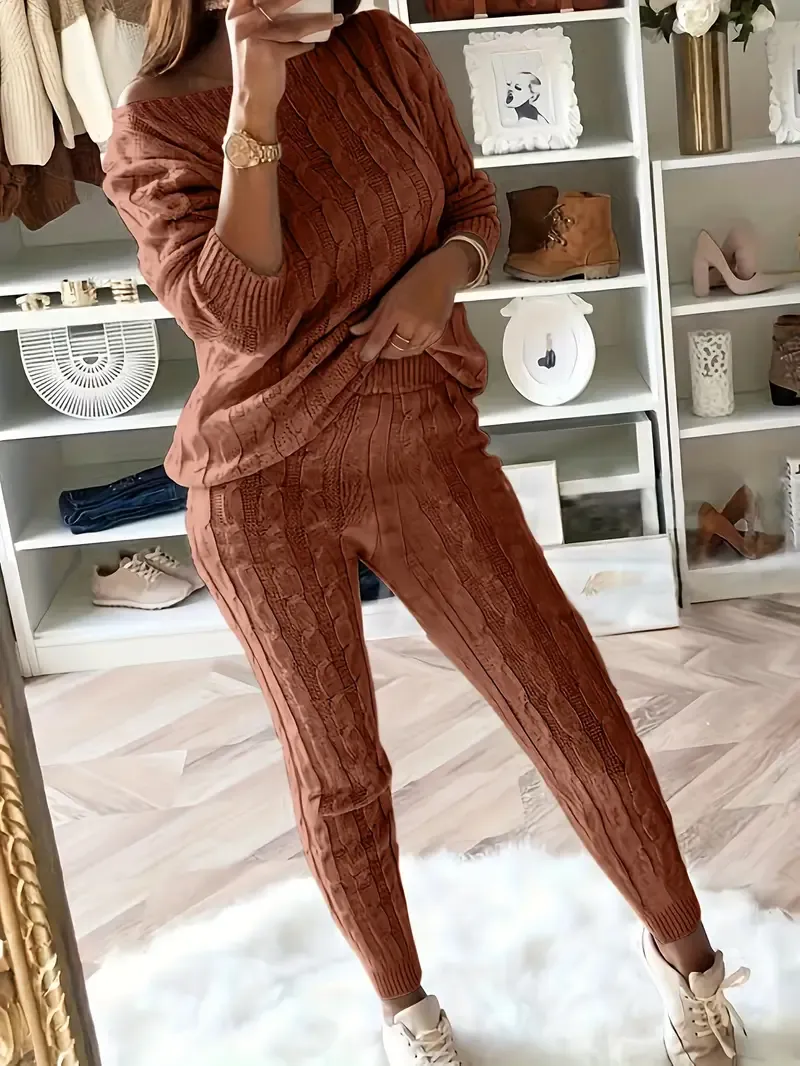 Solid Knitted Matching Two-piece Set, Casual Long Sleeve Sweater & Pants Outfits, Women's Clothing