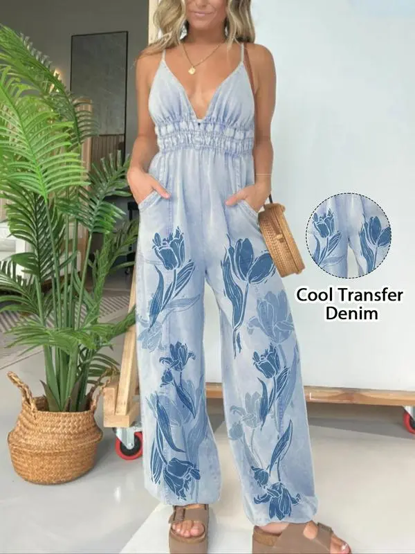 Women's Backless Denim Cami Jumpsuit – Casual Wide-Leg Overalls with Pockets, Minimalist Sleeveless Outfit for Daily & Summer Wear