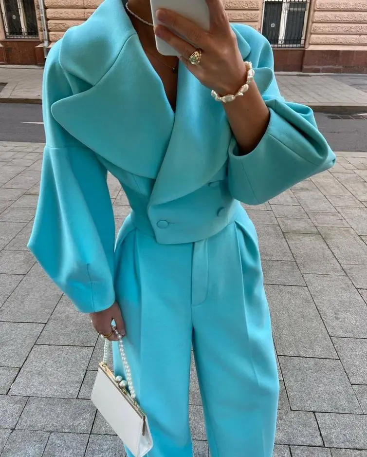 Belted Puff cuff Long sleeve Blazer and pants set