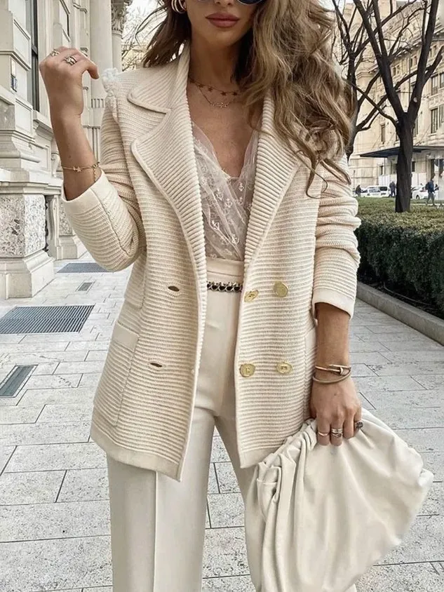 Lapel Collar Long Sleeve Plain Buckle Regular Micro-Elasticity Loose Blazer For Women