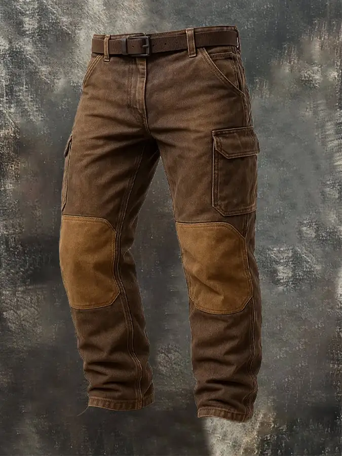 Men's Vintage Outdoor Distressed Adventure Stitching Knee Pads Multi-function Pocket Work Pants