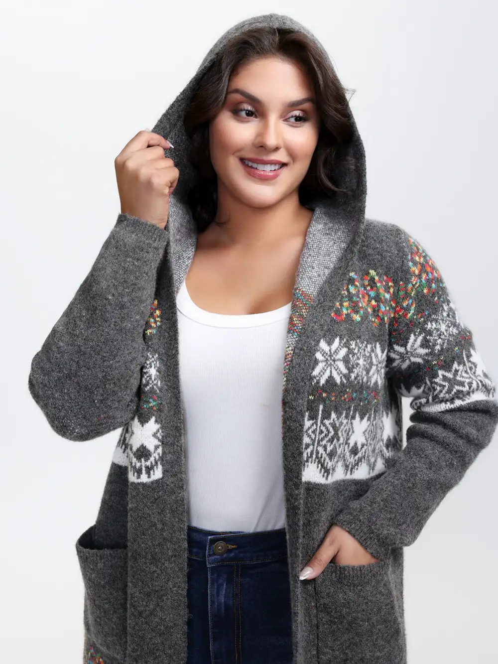 Boho Print Jacquard Hooded Knit Cardigan