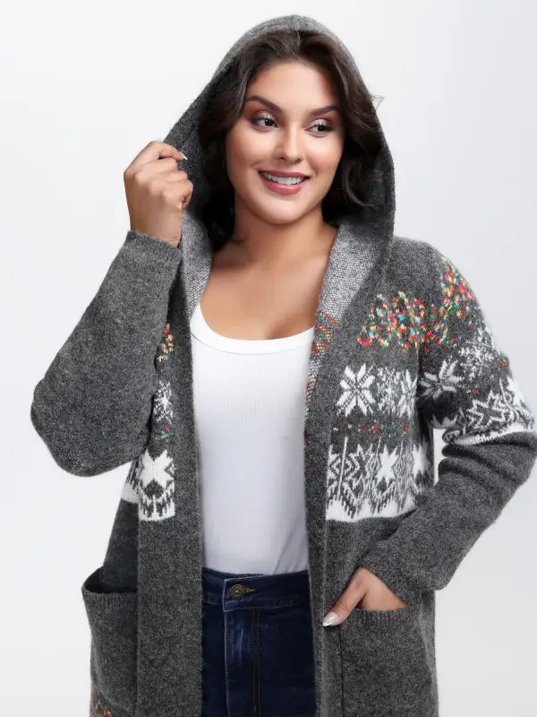 Boho Print Jacquard Hooded Knit Cardigan