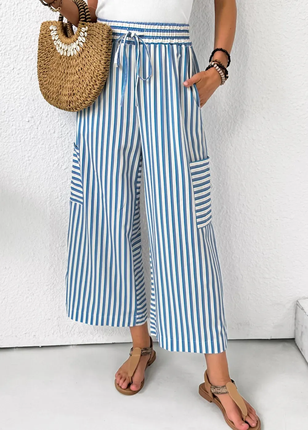Light Blue Pocket Striped Wide Leg Elastic Waist Pants