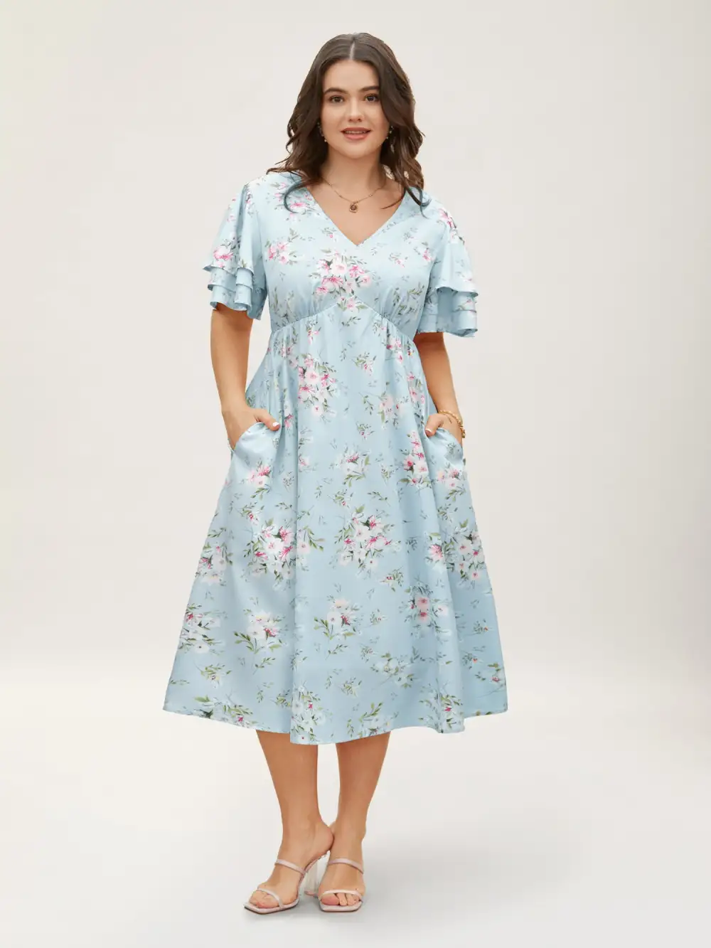 Floral Elastic Waist Tiered Ruffle Sleeve Dress