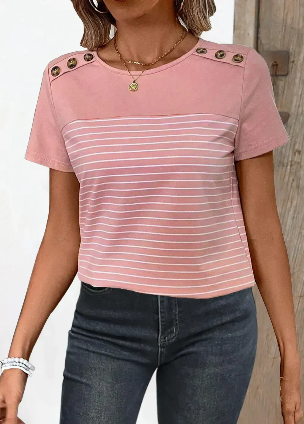 Dusty Pink Patchwork Striped Short Sleeve T Shirt