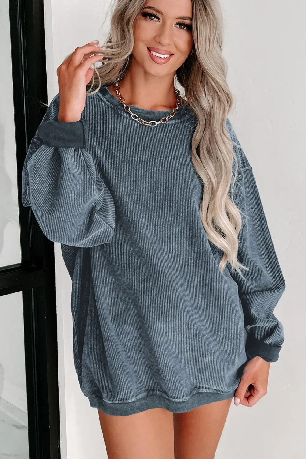 ✨ Women's Solid Color Ribbed Knit Round Neck Pullover Sweatshirt