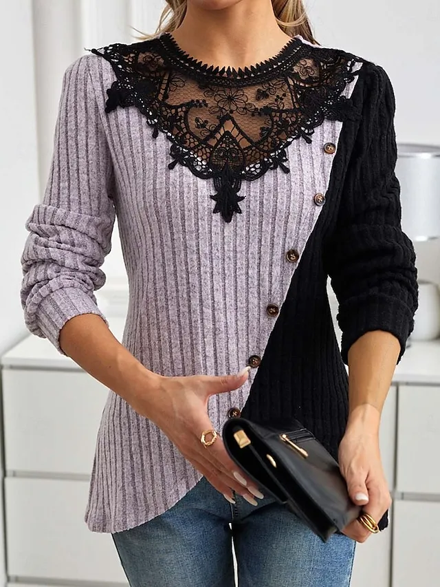Women's Blouse Textured Ribbed Solid Color Eyelet Daily Elegant Stylish Puff Sleeve Long Sleeve