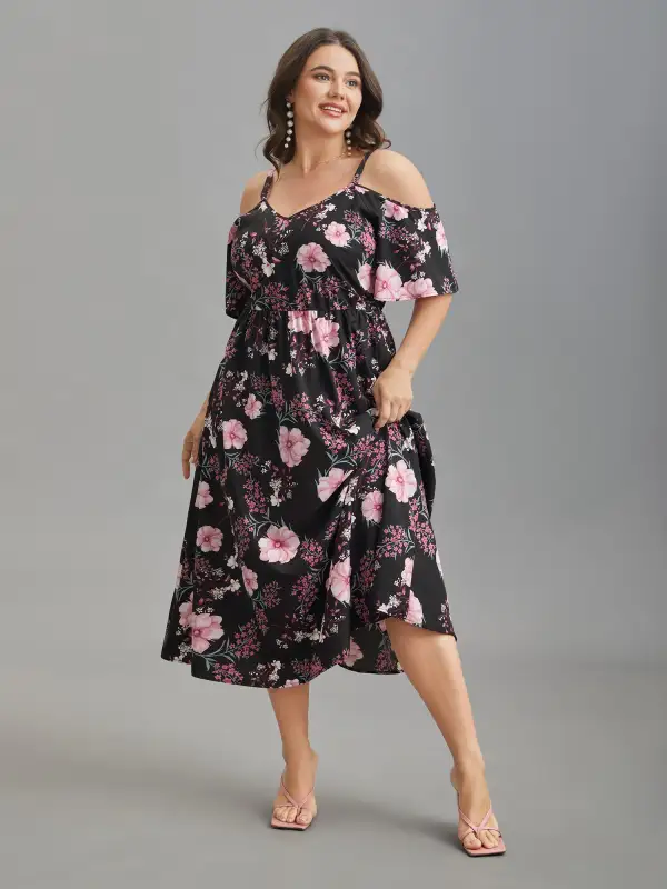 Floral Print Cold-Shoulder Pockets Midi Dress
