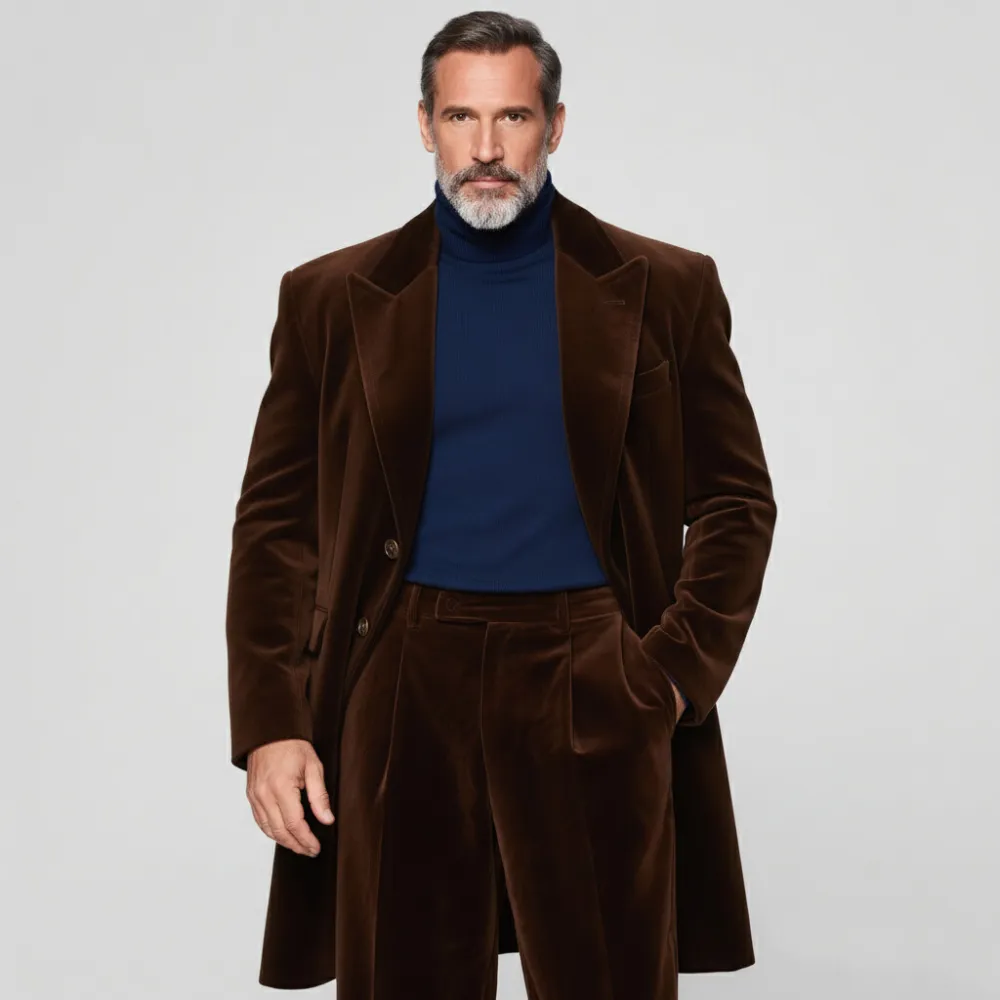 Men's Business Coffee Velvet Peaked Lapel Two Button Long Sleeve Overcoat