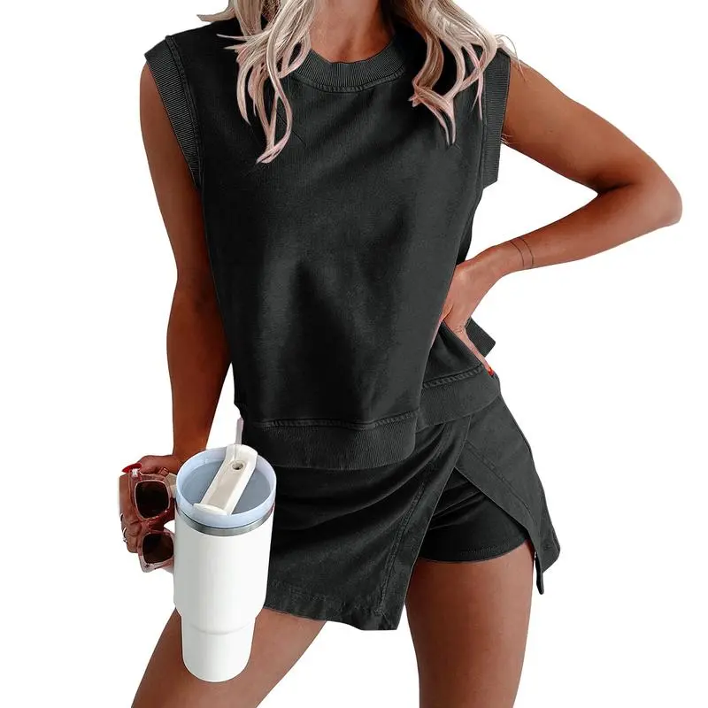 Women's Casual 2-Piece Cotton Tank & Split Skirt Set – Solid Color Summer Outfit