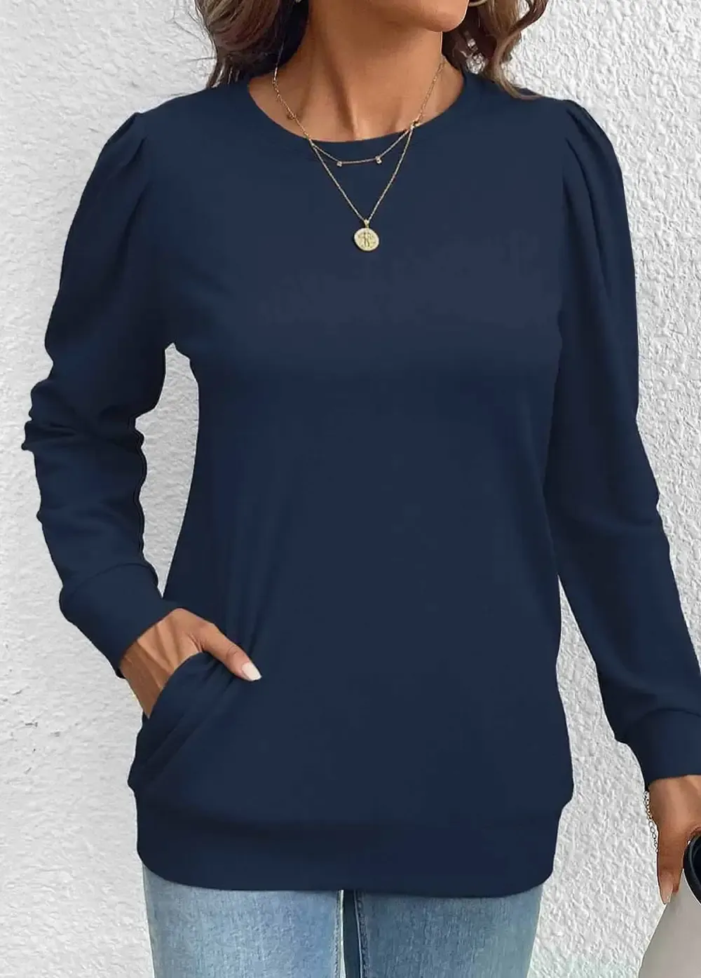 Navy Double Side Pockets Long Sleeve Round Neck Sweatshirt