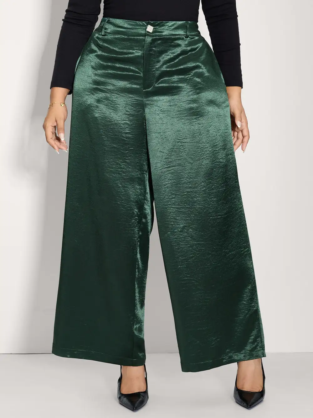 Satin Button Detail Straight-Leg Pants