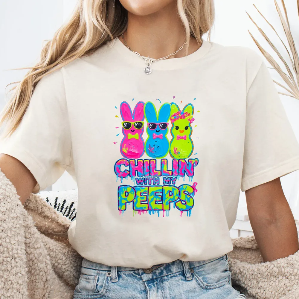 Easter Chillin With My Peeps Printed Round Neck Short Sleeve T-Shirt