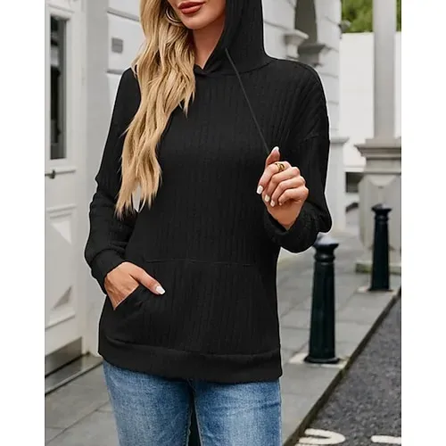 Women's Texture Sweatshirt Waffle Sweatshirt  Pullover Hoodie Sweatshirt Plain Streetwear Casual Long Sleeve Hooded Regular Tops Street Holiday Going out Buttons Black White Pink Wine Fall Winter